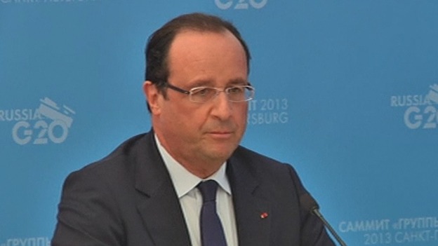 French President Francois Hollande speaking at a press conference.