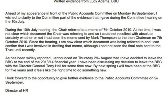Lucy Adams said she was not clear which document MPs were referring to at a hearing in July.