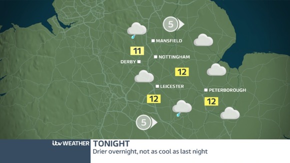 Mostly dry with a few spots of light rain tonight, not as cool as last night