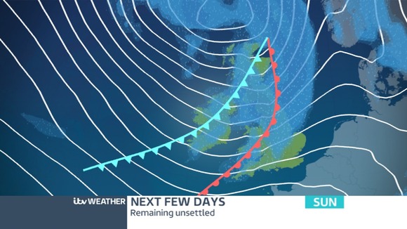 Low Pressure will be in the north of the UK on Sunday giving us wet and windy weather