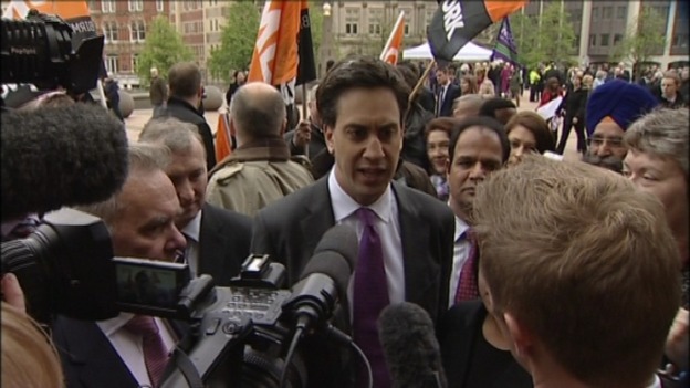 Ed Miliband speaks to the media outside Birmingham Council House
