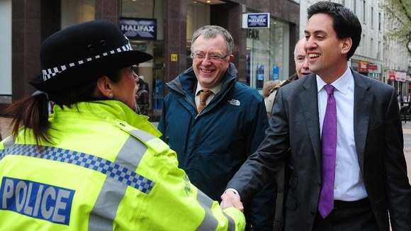 Labour leader Ed Miliband meets PC McSharry in Victoria Square, Birmingham