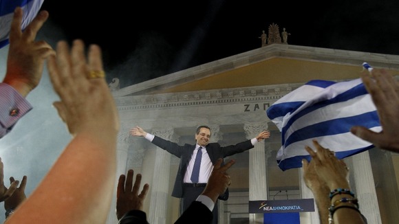 Leader of the New Democracy conservatives party Samaras is cheered by supporters during a pre-election rally in Athens.
