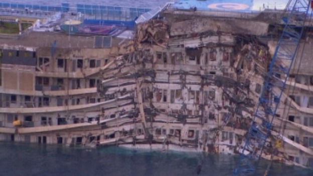 Water was pumped into the sponsons (the large metal containers on the side of ship) to help shift the cruise liner back onto its side.