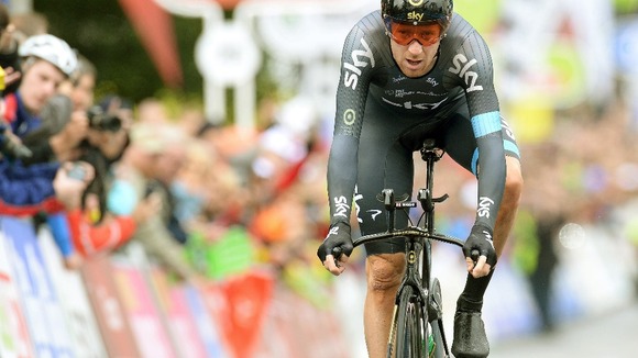 Sir Bradley Wiggins after crossing the line to winning the third stage
