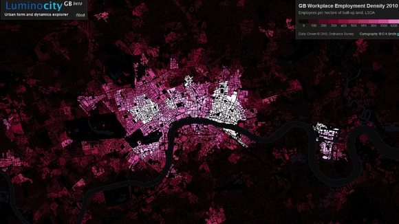 Map showing changes in emplyment density in London comparing census data from 2001 and 2011