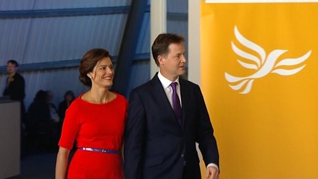 Nick Clegg and his wife Miriam arriving ahead of his speech.