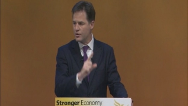 Nick Clegg addresses his party in Glasgow today.