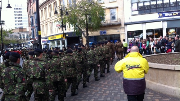 Soldiers marching through Nottingham