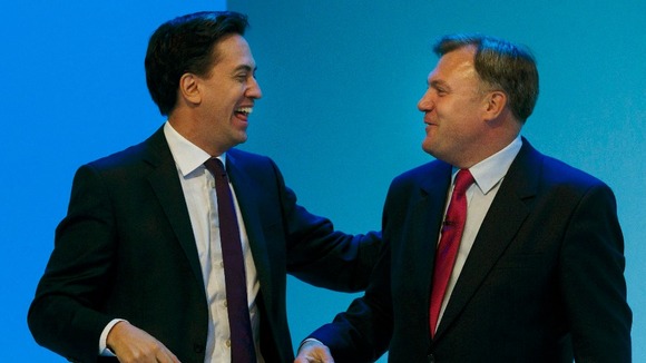 Ed Miliband congratulates Ed Balls after he gives his speech at the Labour Party Conference in Brighton