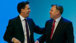 Ed Miliband congratulates Ed Balls after he gives his speech at the Labour Party Conference in Brighton