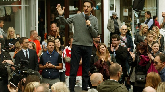 Ed Miliband addresses the public outside the Labour party conference