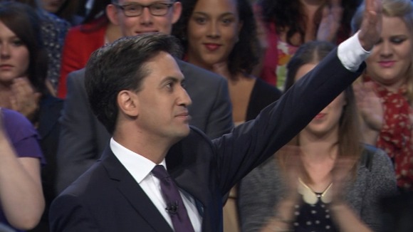 Ed Miliband thanks supporters for their applause at the end of his conference speech