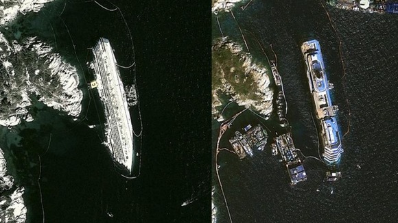 The Costa Concordia before the salvage attempt (left) and after (right.