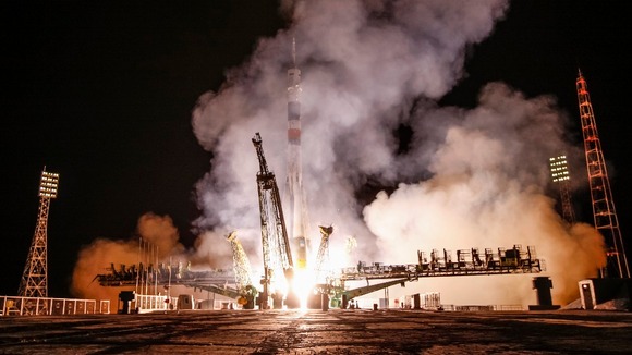 The Soyuz-FG rocket booster with Soyuz TMA-10M space ship carrying a new crew to the ISS, blasts off in Kazakhstan.