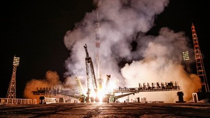 The Soyuz-FG rocket booster with Soyuz TMA-10M space ship carrying a new crew to the ISS, blasts off in Kazakhstan.