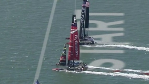 Sir Ben Ainslie's Oracle team was lagging behind as it approached the finish line.