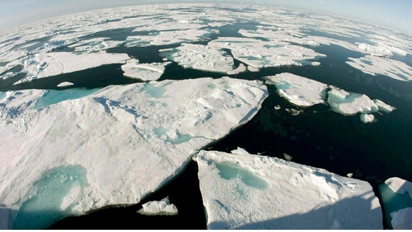 Ice floes float in Baffin Bay above the Arctic circle.