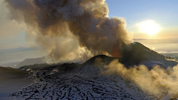 The eruption of Plosky Tolbachik, as seen from a helicopter, on Russia's Pacific Coast.