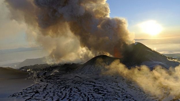 The eruption of Plosky Tolbachik, as seen from a helicopter, on Russia's Pacific Coast.
