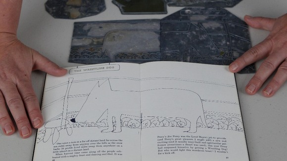 Printing plates for John Lennon's book are displayed next to the image they create