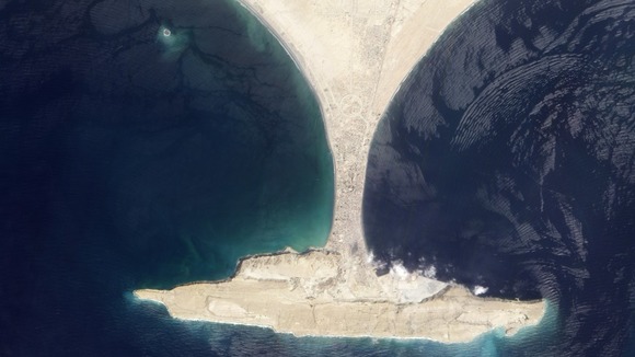 The new island can be seen in the top-left of this aerial image of Pakistan's Gwadar coastline in the Arabian Sea.