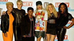 Left to right. Emeli Sande, Jessie J, Doreen Lawrence, Rita Ora, Ellie Goulding and Beverley Knight