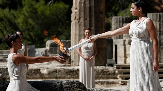 Greek actress Ino Menegaki plays the role of the High Priestess during the Sochi 2014 Winter Olympic Games lighting ceremony.