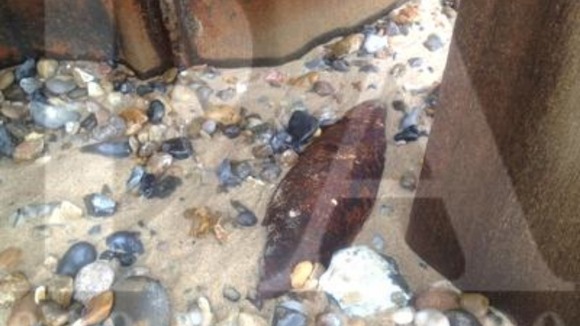Maritime and Coastguard Agency undated handout photo of an explosive device that has been found on the beach at Hopton in Norfolk.