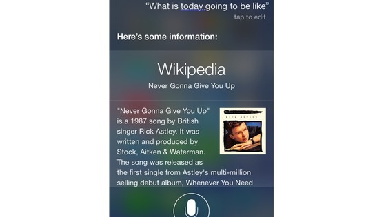 Siri displaying Wikipedia entry of Rick Astley track