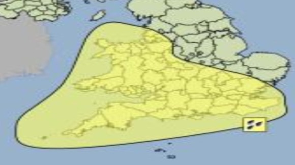 Yellow shaded area showing weather warning for heavy rain