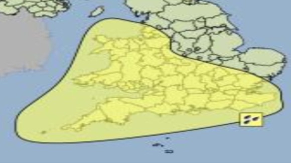 Yellow shaded area shows locations at risk of significant rainfall from heavy showers.