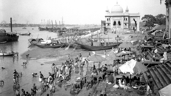 Riverside scene with bathers, looking north from Chatulal's Ghat towards Ram Chandra Goenka's Zenana (ladies) ghat, Kolkata