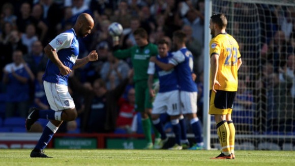 David McGoldrick celebrates scoring against Brighton and Hove Albion.