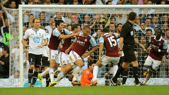 Winston Reid scores the opening goal of the game against Tottenham Hotspur on Sunday