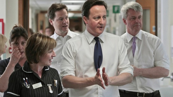 David Cameron, Deputy Prime Minister Nick Clegg, and Health Secretary Andrew Lansley during their visit to Frimley Park Hospital