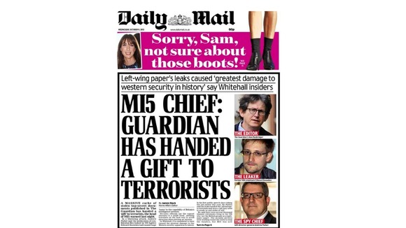 The Daily Mail has blasted the Guardian over the Edward Snowden leaks.