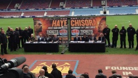Haye and Chisora hold a press conference ahead of their planned fight in July. 