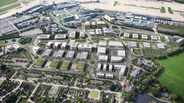Aerial view of Airport City looking south. The 150 acre development will deliver 16,000 jobs.