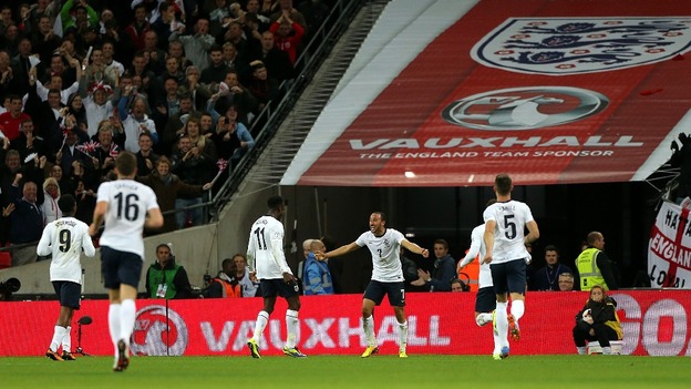 England's Andros Townsend (centre) celebrates scoring his side's third goal of the game against Montenegro at Wembley on Friday.