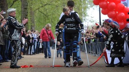 Claire Lomas, 32, crossing the finish line earlier today