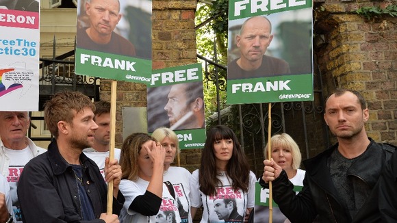 Singer Damon Albarn and actor Jude Law seen earlier this month during a protest outside the Russian Embassy in London