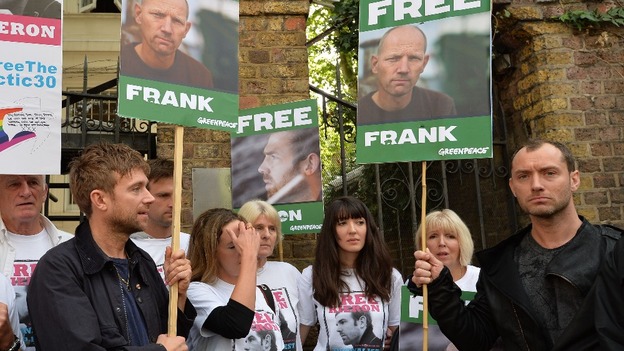 Singer Damon Albarn and actor Jude Law seen earlier this month during a protest outside the Russian Embassy in London