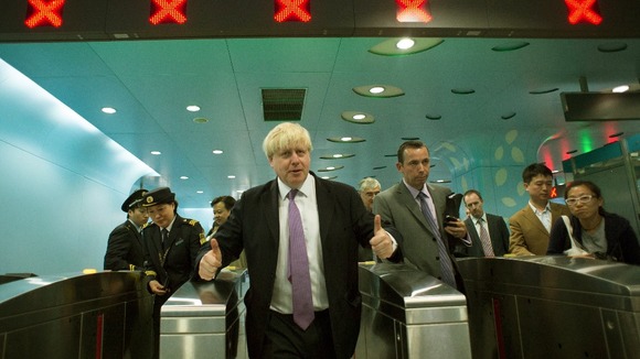 Mayor of London Boris Johnson travels from Xidan to Gongzhufenin on Line 1 of the Beijing Metro
