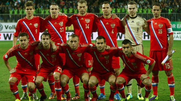 Russia's players line-up before the match.