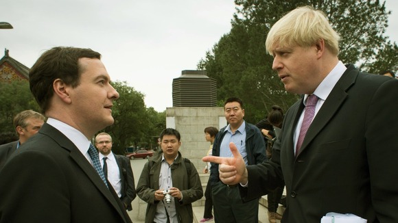 Chancellor George Osborne and Mayor of London Boris Johnson at Peking University in Beijing.