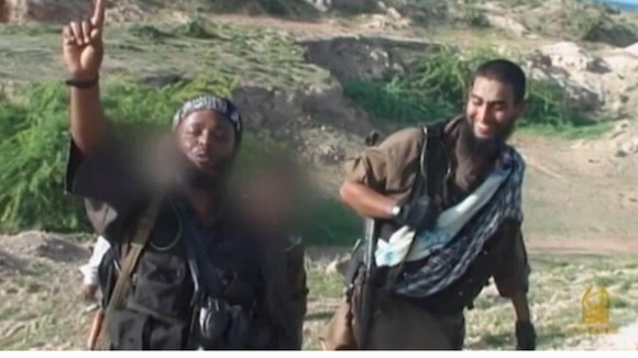 Two men, said to be British, on the al-Shebaab propaganda video