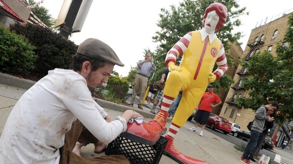 Banksy's Ronald McDonald sculpture will visit a different McDonalds every lunchtime for a week.