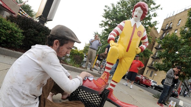 Banksy's Ronald McDonald sculpture will visit a different McDonalds every lunchtime for a week.