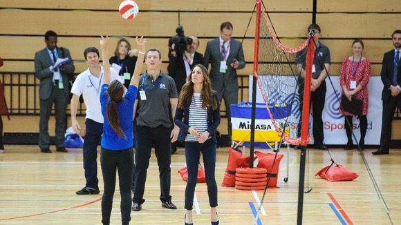 Kate playing volleyball while visiting the SportsAid charity in east London